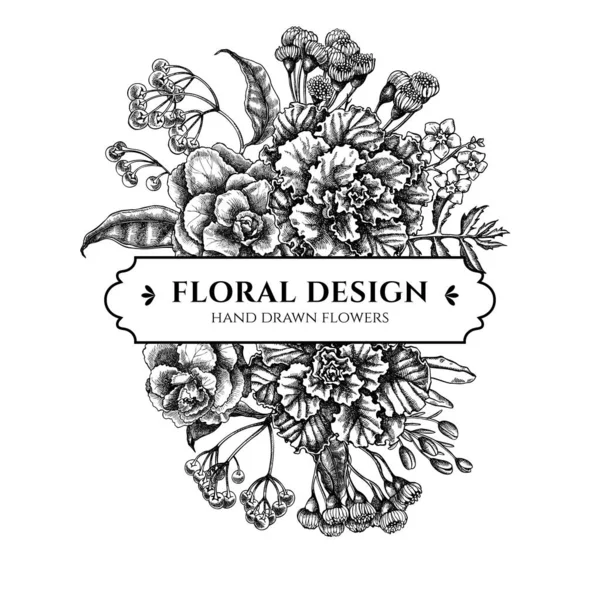 Diseño de ramo floral con flor de cera en blanco y negro, no me olvides flor, tansy, ardisia, brassica, col decorativa — Vector de stock