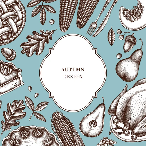 Badge over ontwerp met pompoen, vork, mes, peren, kalkoen, pompoentaart, appeltaart, maïs, appels, rowan, esdoorn, eik — Stockvector