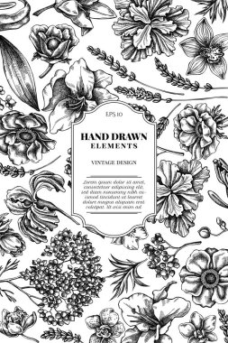 Siyah beyaz şakayıklı kart tasarımı, lavanta, biberiye ebediyet, falaenopsis, zambak, iris