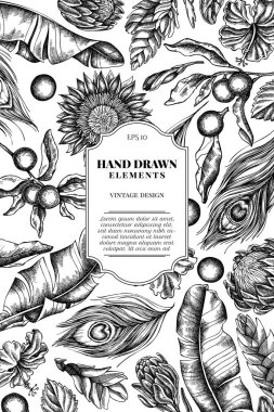 Siyah ve beyaz muz palmiyesi yapraklı kart tasarımı, amber, solanum, bromeliad, tavus kuşu tüyü, protea