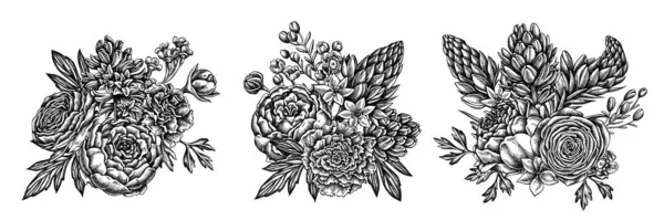 花束,黑白牡丹,康乃馨,兰花,蜡花,兰花,风信子 — 图库矢量图片