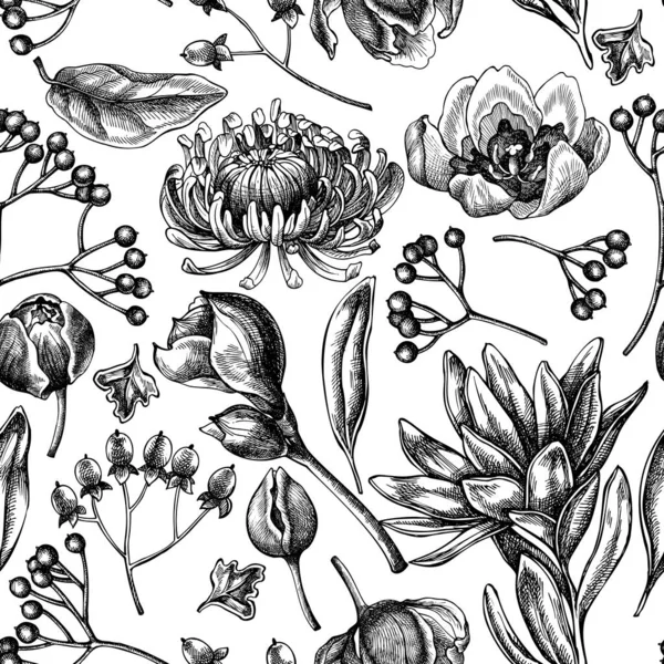 Bezešvé vzor s černobílým viburnum, hypericum, tulipán, astr, leukadendron, amaryllis — Stockový vektor