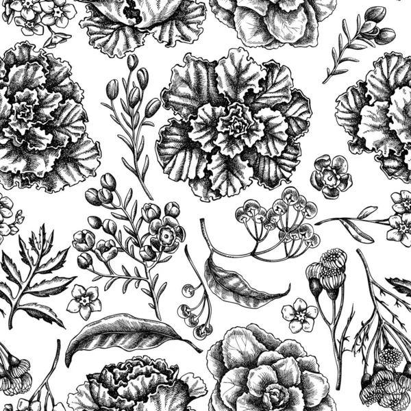 Безшовний візерунок з чорно-білою квіткою, не забудьте про квітку, пиху, палюзію, бразиліку, декоративну капусту — стоковий вектор