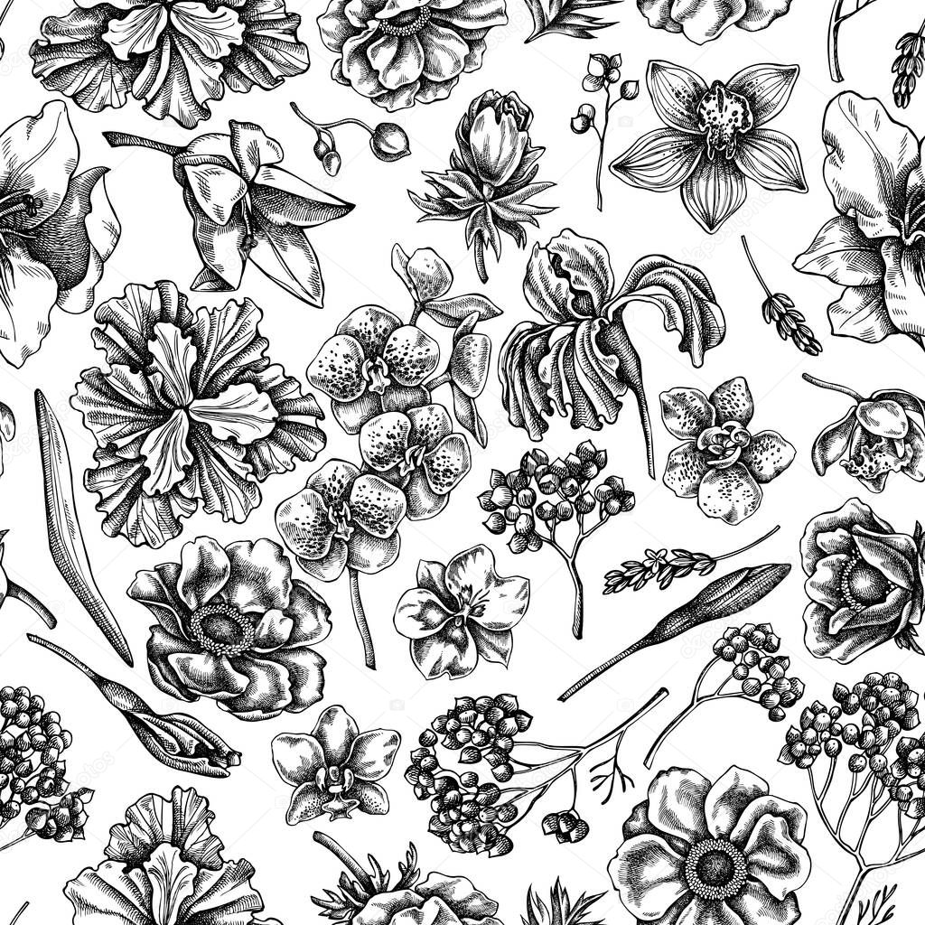 Seamless pattern with black and white anemone, lavender, rosemary everlasting, phalaenopsis, lily, iris