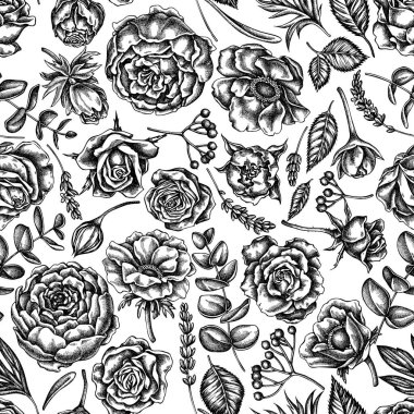 Siyah ve beyaz güllerle kusursuz desen, şakayık, okaliptüs, lavanta, şakayık, viburnum