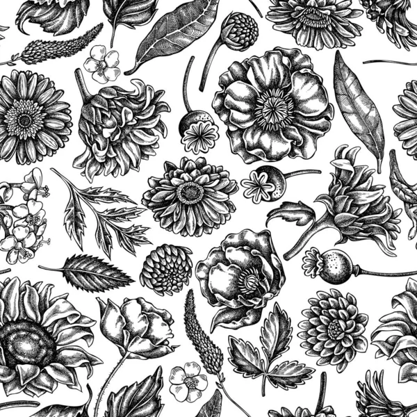 Patrón sin costuras con flor de amapola en blanco y negro, gerberas, girasol, algodoncillo, dalia, verónica — Archivo Imágenes Vectoriales