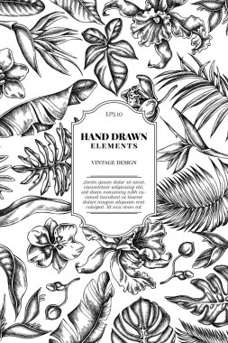 Siyah beyaz canavarlı kart tasarımı, muz palmiyesi yaprakları, strelitzia, heliconia, tropik palmiye yaprakları, orkide