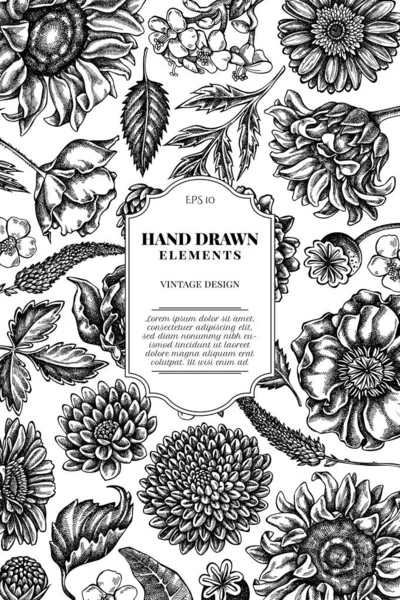 Design de cartão com flor de papoula preto e branco, gerbera, girassol, milkweed, dália, veronica — Vetor de Stock
