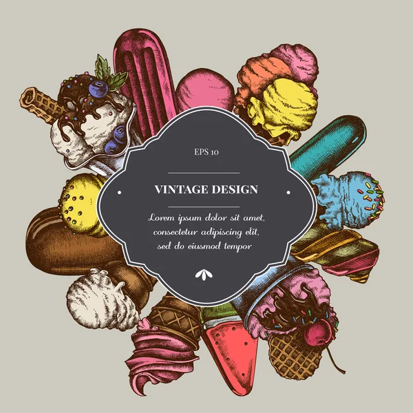 Insignia sobre el diseño con cuencos de helado, helado de paleta, conos de helado, bolas de helado — Vector de stock