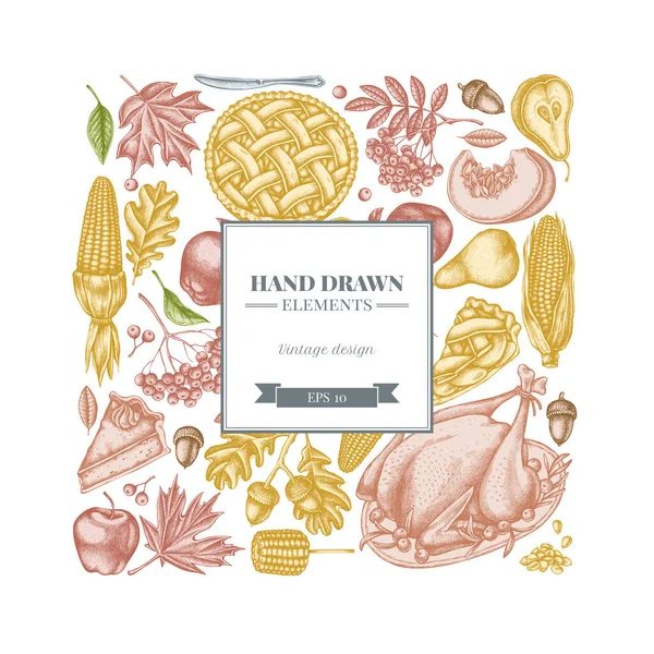 Vierkant ontwerp met pastelpompoen, vork, mes, peren, kalkoen, pompoentaart, appeltaart, maïs, appels, rowan, esdoorn, eik — Stockvector