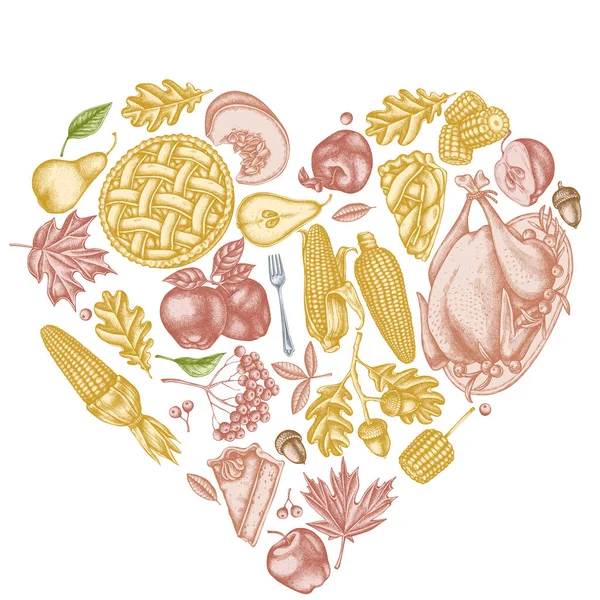 Дизайн серця з пастельним гарбузом, виделкою, ножем, грушами, індичкою, гарбузовим пирогом, яблучним пирогом, кукурудзою, яблуками, лозою, кленовим дубом — стоковий вектор