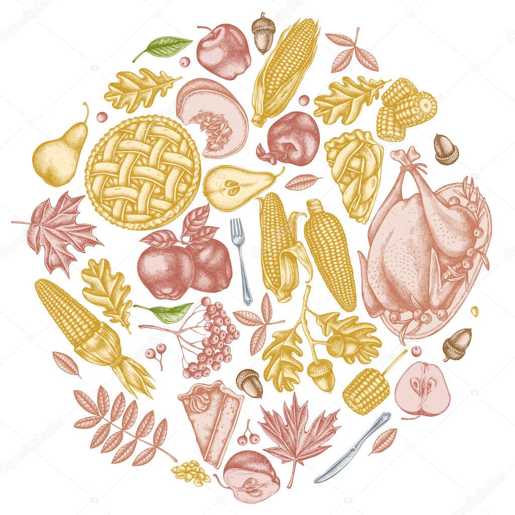 Round design with pastel pumpkin, fork, knife, pears, turkey, pumpkin pie, apple pie, corn, apples, rowan, maple, oak