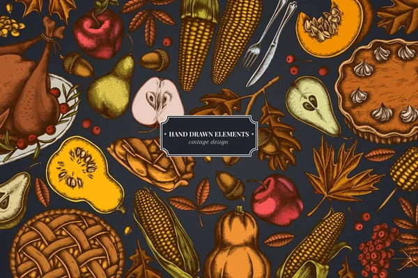Diseño sobre fondo oscuro con calabaza, tenedor, cuchillo, peras, pavo, pastel de calabaza, pastel de manzana, maíz, manzanas, rowan, arce, roble — Vector de stock