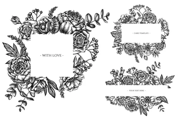 Květinové rámy s černými a bílými růžemi, sasanky, eukalypty, levandule, pivoňka, viburnum — Stockový vektor