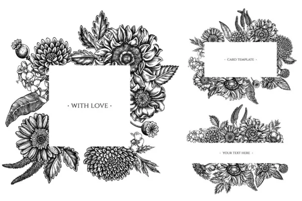 Marcos florales con flor de amapola en blanco y negro, gerbera, girasol, algodoncillo, dalia, verónica — Archivo Imágenes Vectoriales