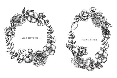 Siyah beyaz çiçekli çelenk, okaliptüs, şakayık, pamuk, frezya, brunya