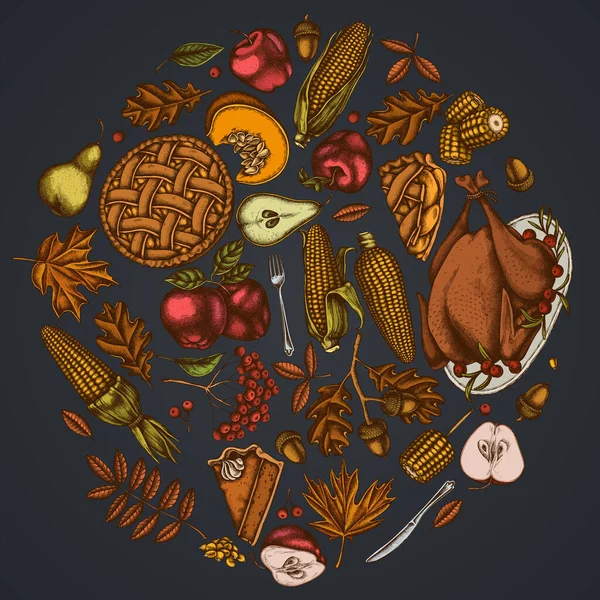 Round floral design on dark background with pumpkin, fork, knife, pears, turkey, pumpkin pie, apple pie, corn, apples, rowan, maple, oak — Stock Vector