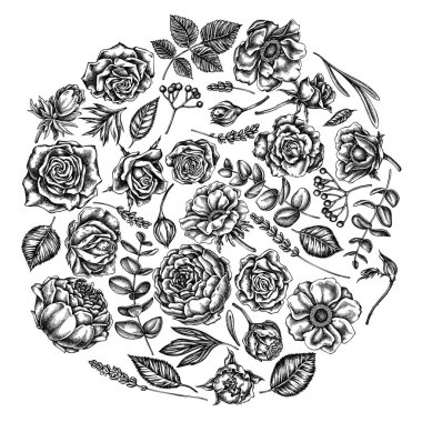 Siyah ve beyaz güllerle yuvarlak çiçek dizaynı, anemon, okaliptüs, lavanta, şakayık, viburnum