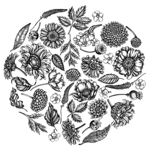 Rund blommig design med svart och vit vallmo, gerbera, solros, mjölkgräs, dahlia, veronica — Stock vektor