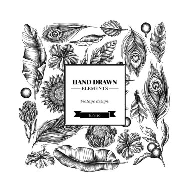 Siyah ve beyaz muz palmiyesi yapraklı kare çiçek tasarımı, amber çiçeği, solanum, bromeliad, tavus kuşu tüyü, protea