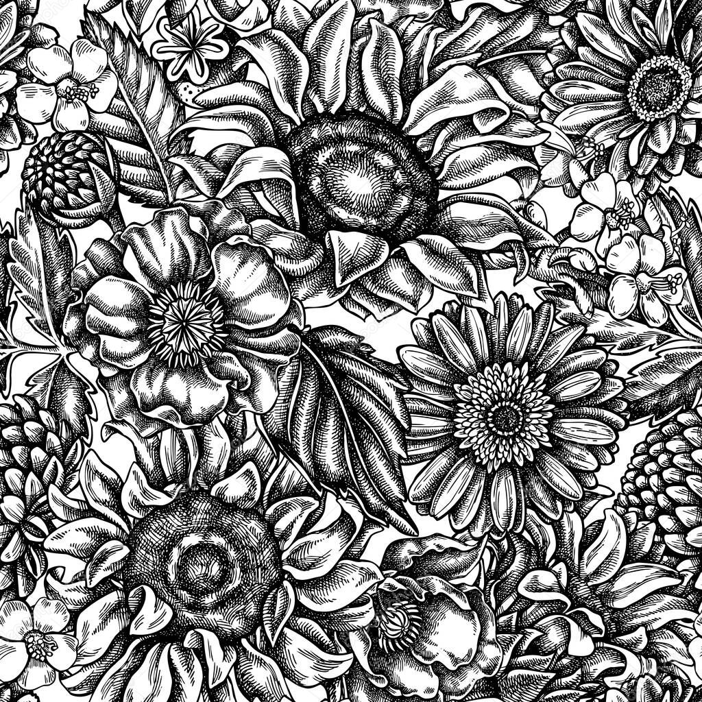 Seamless pattern with black and white poppy flower, gerbera, sunflower, milkweed, dahlia