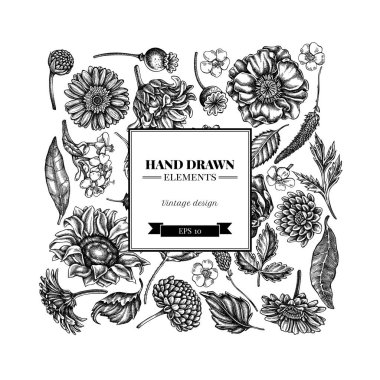 Siyah ve beyaz haşhaş çiçekli kare desenli, Gerbera, ayçiçeği, süt otu, yıldız çiçeği, Veronica