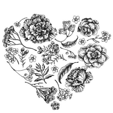 Siyah ve beyaz balmumu çiçekli kalp deseni, unutma beni çiçek, tansi, ardisia, brassica, dekoratif lahana
