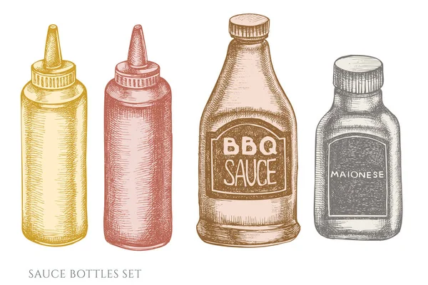 Ensemble vectoriel de bouteilles de sauce pastel dessinées à la main — Image vectorielle