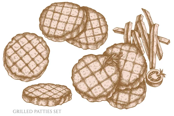 Set vettoriale di polpette di hamburger grigliate pastello trafilate a mano — Vettoriale Stock