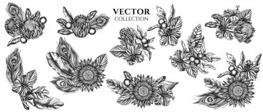 Siyah ve beyaz muz palmiyesi demeti, amber çiçeği, solanum, bromeliad, tavus kuşu tüyü, protea