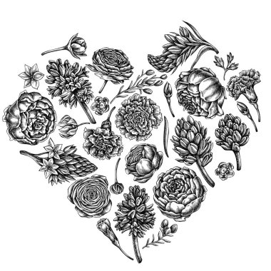 Siyah beyaz şakayık, karanfil, ranunculus, balmumu çiçeği, ornithogalum ve sümbül içeren kalp çiçeği tasarımı.