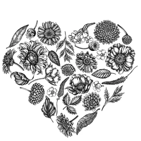 Cuore disegno floreale con fiore di papavero bianco e nero, gerbera, girasole, lattuga, dalia, veronica — Vettoriale Stock