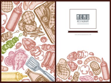 Pastel spatula, domuz kaburgası, kebap, sosis, biftek, sos şişeleri, ızgara burger köfteleri, ızgara domates, ızgara somon bifteği, ızgara dolmalık biber.