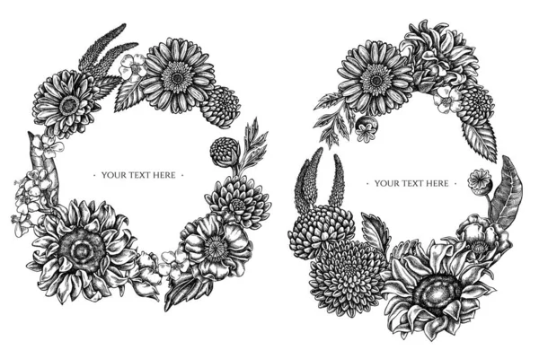Corona floral de flor de amapola en blanco y negro, gerbera, girasol, algodoncillo, dalia, verónica — Archivo Imágenes Vectoriales