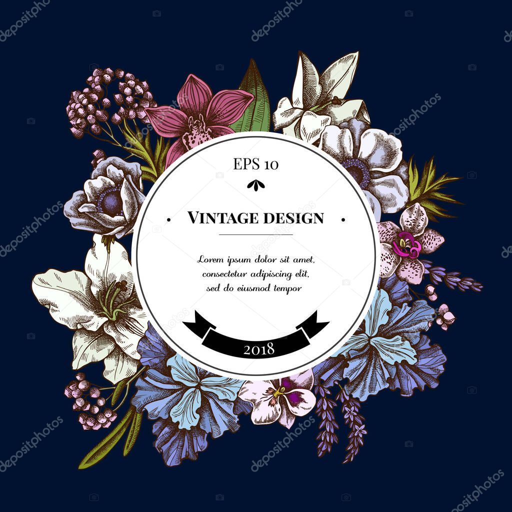 Badge over design with anemone, lavender, rosemary everlasting, phalaenopsis, lily, iris