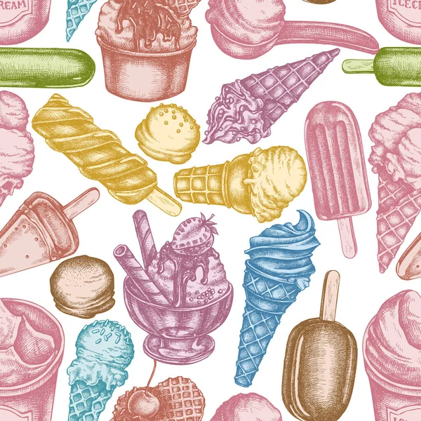 Seamless pattern with hand drawn pastel ice cream bowls, ice cream bucket, popsicle ice cream, ice cream cones, ice cream scoop, ice cream balls — Wektor stockowy