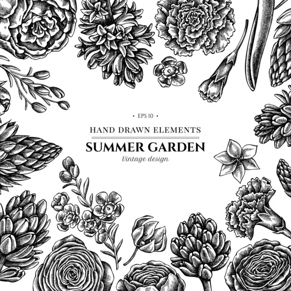 Design floreale con peonia in bianco e nero, garofano, ranuncolo, fiore di cera, ornitogalio, giacinto — Vettoriale Stock