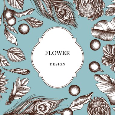 Muz palmiyesi yaprakları, amber çiçeği, solanum, bromeliad, tavus kuşu tüyü, protea