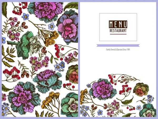 Copertura del menu disegno floreale con fiore di cera colorata, dimenticami non fiore, tanaceto, ardisia, brassica, cavolo decorativo — Vettoriale Stock