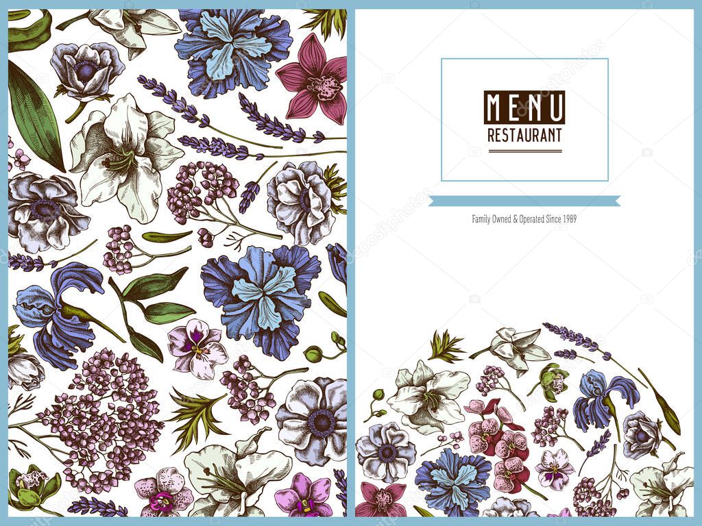 Menu cover floral design with colored anemone, lavender, rosemary everlasting, phalaenopsis, lily, iris