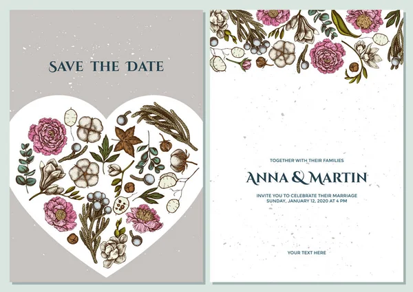 Biglietto d'invito di nozze con ficus colorato, eucalipto, peonia, cotone, fresia, brunia — Vettoriale Stock