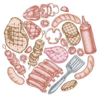 Pastel spatula, domuz pirzolası, kebap, sosis, biftek, sos şişesi, ızgara burger köftesi, ızgara domates, ızgara somon bifteği, ızgara dolma biber.