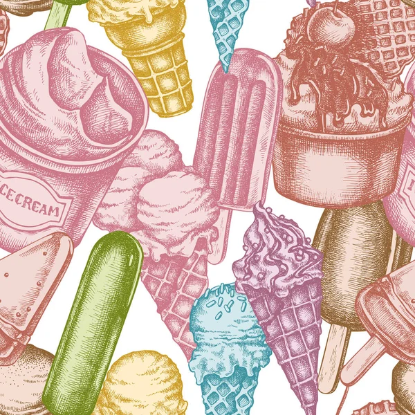 Płynny wzór z ręcznie rysowane pastelowe miski lodów, wiadro lodów, lody lodów lodowych, rożki lodów, kulki lodów — Wektor stockowy