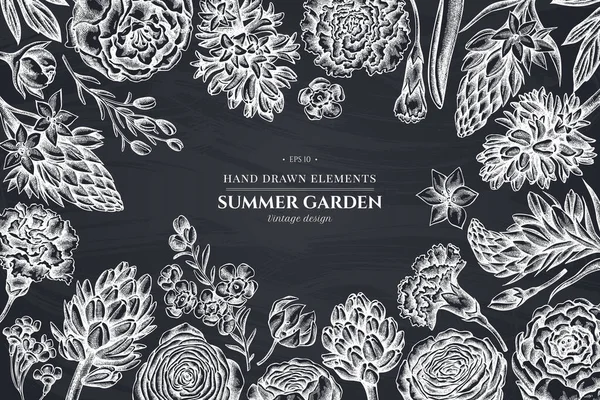 Floral σχέδιο με παιωνία κιμωλίας, γαρύφαλλο, ranunculus, κερί λουλούδι, ornithogalum, υάκινθος — Διανυσματικό Αρχείο