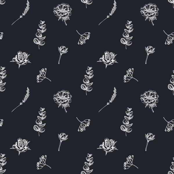 Бесшовный рисунок с нарисованными вручную меловыми розами, анемоном, эвкалиптом, лавандой, пионом, вибурнумом — стоковый вектор