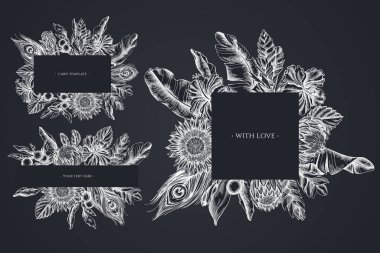 Tebeşir muz palmiyesi yaprakları, amber çiçeği, solanum, bromeliad, tavus kuşu tüyü, protea