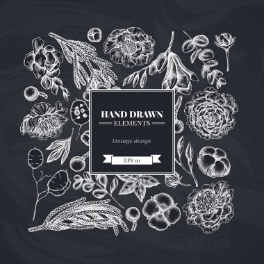 Tebeşir, okaliptüs, şakayık, pamuk, frezya, esmer kare desenli.