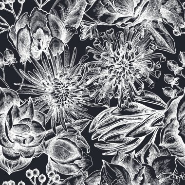 Elle çizilmiş tebeşir viburnum, hiperikum, lale, aster, lökosadendron, amilis...