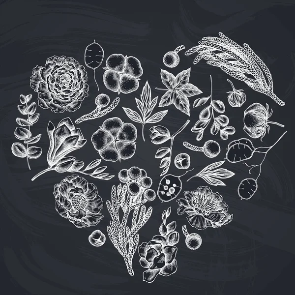 Design floral do coração com giz ficus, eucalipto, peônia, algodão, freesia, morena —  Vetores de Stock