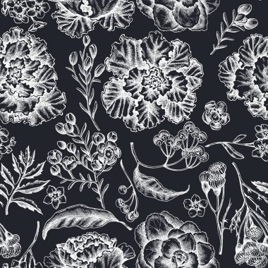 Elle çizilmiş balmumu çiçekli kusursuz desen, beni unutma çiçek, tansi, ardisia, brassica, dekoratif lahana